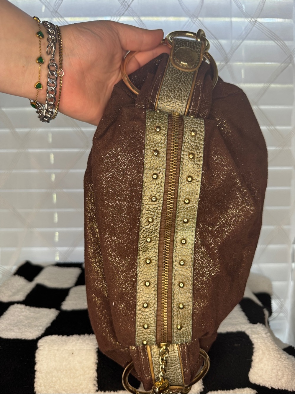 Kathy Van Zeeland Sparkly Brown Hobo Bag Gold Metallic Textured Trim Studded